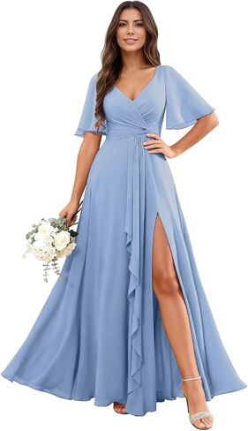 RYANTH Chiffon V Neck Bridesmaid Dresses for Women Flutter Sleeve Pleated Ruffled Formal Wedding Guest Dress with Slit in Saudi Arabia