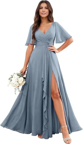 RYANTH Chiffon V Neck Bridesmaid Dresses for Women Flutter Sleeve Pleated Ruffled Formal Wedding Guest Dress with Slit in Saudi Arabia