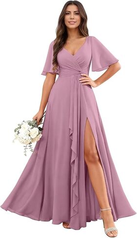 RYANTH Chiffon V Neck Bridesmaid Dresses for Women Flutter Sleeve Pleated Ruffled Formal Wedding Guest Dress with Slit in Saudi Arabia