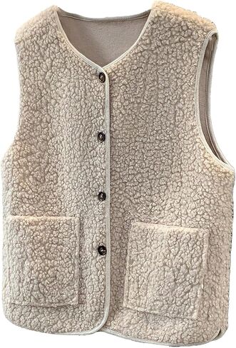 GORGLITTER Women's Fleece Sherpa Vest Sleeveless Button Down Jacket Open Front Fall Winter Warm Outerwear in Saudi Arabia