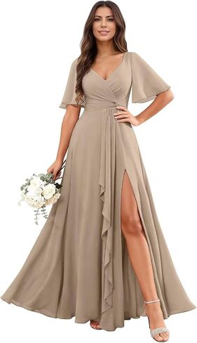 RYANTH Chiffon V Neck Bridesmaid Dresses for Women Flutter Sleeve Pleated Ruffled Formal Wedding Guest Dress with Slit in Saudi Arabia
