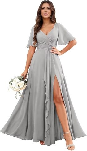 RYANTH Chiffon V Neck Bridesmaid Dresses for Women Flutter Sleeve Pleated Ruffled Formal Wedding Guest Dress with Slit in Saudi Arabia