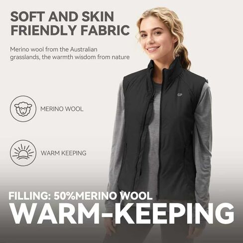 Women’s Merino Wool Blend Insulated Vest ，Sleeveless Jacket for Outdoor, Hiking, Travel & Everyday Wear in Saudi Arabia