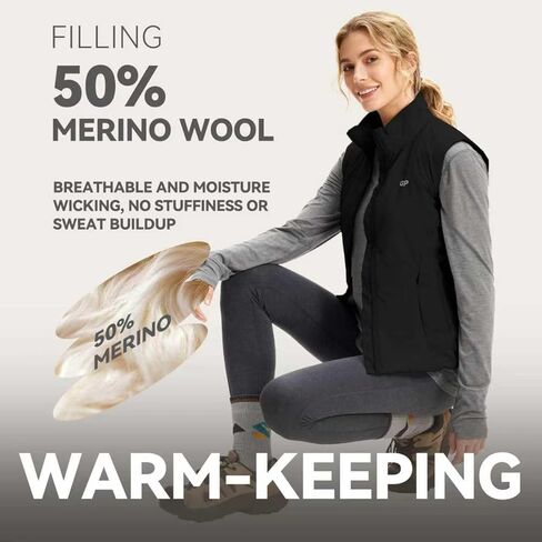 Women’s Merino Wool Blend Insulated Vest ，Sleeveless Jacket for Outdoor, Hiking, Travel & Everyday Wear in Saudi Arabia