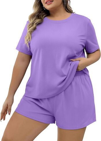 NANYUAYA Plus Size Women's Pajama Set, Soft Sleep Tops & Lounge Shorts with Pockets 2-Piece Sleepwear for Women in Kuwait