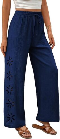EVALESS Womens Beach Pants Summer Boho Drawstring Elastic Waist Hollow Out Textured Wide Leg Vacation Clothes in Saudi Arabia