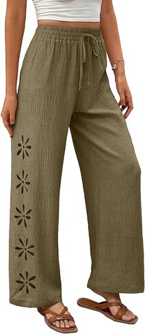 EVALESS Womens Beach Pants Summer Boho Drawstring Elastic Waist Hollow Out Textured Wide Leg Vacation Clothes in Saudi Arabia