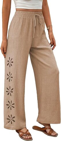 EVALESS Womens Beach Pants Summer Boho Drawstring Elastic Waist Hollow Out Textured Wide Leg Vacation Clothes in Saudi Arabia