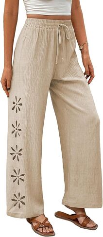 EVALESS Womens Beach Pants Summer Boho Drawstring Elastic Waist Hollow Out Textured Wide Leg Vacation Clothes in Saudi Arabia