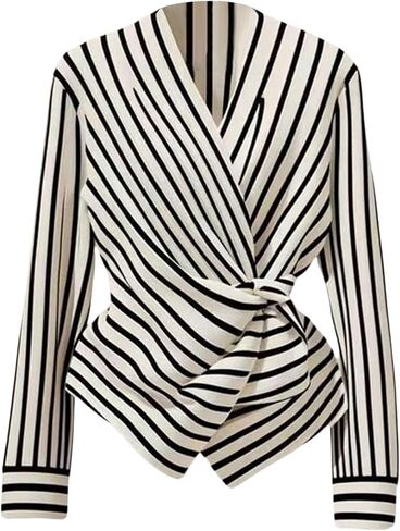 بلوزة بيبلوم للسيدات من GORGLITTER ملابس علوية كاجوال مخططة وخصر وأكمام طويلة وفتحة رقبة على شكل V قمصان علوية لدمية الأطفال in Saudi Arabia