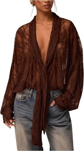 SOLY HUX Women's Lace Long Sleeve Shirts Deep V Neck Sheer See Through Mesh Top Sexy Tie Front Blouse in Saudi Arabia