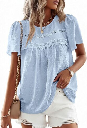 Halife Womens Summer Tops Crewneck Short Sleeve Boho Shirts Lace Hem Casual Flowy Blouses in Kuwait