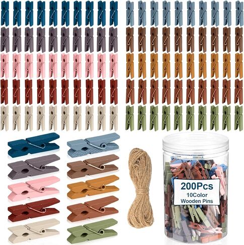200Pcs Mini Clothes Pins Wooden Colored Small Clothespins Photo Pegs Craft Pictures Clips with Jute Twine Tiny Wood Decorative Clips for Photo Wall Home School Party Arts Projects DIY Decor (Boho) in Saudi Arabia