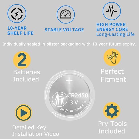 استبدال بطارية مفتاح فوب لتويوتا (سيينا، كورولا كروس، RAV4 برايم، فينزا، بريوس، تندرا، جراند هايلاندر، تاكوما، كراون، سيكويا، bZ4x) جهاز تحكم عن بعد ذكي (تحقق من دليل الإعداد) عبوتان CR2450 in Kuwait