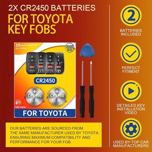 استبدال بطارية مفتاح فوب لتويوتا (سيينا، كورولا كروس، RAV4 برايم، فينزا، بريوس، تندرا، جراند هايلاندر، تاكوما، كراون، سيكويا، bZ4x) جهاز تحكم عن بعد ذكي (تحقق من دليل الإعداد) عبوتان CR2450 in Kuwait