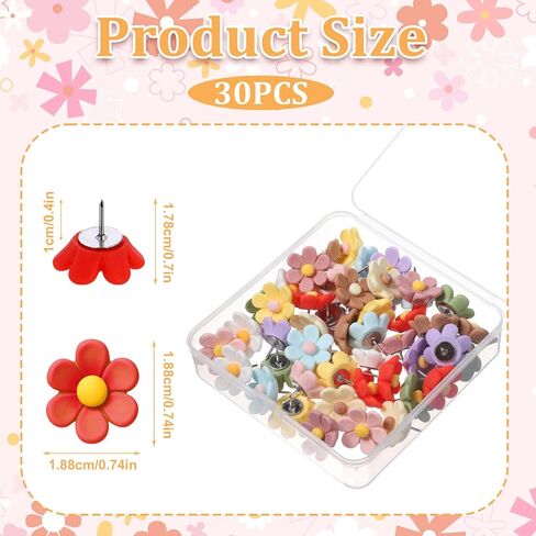 30 Pcs Colorful Flower Push Pins, Cute Push Pins for Bulletin Board Decorative Resin Floral Thumb Tacks for Cork Board, Photo Wall, Hanging Poster, Office Supplies in Saudi Arabia