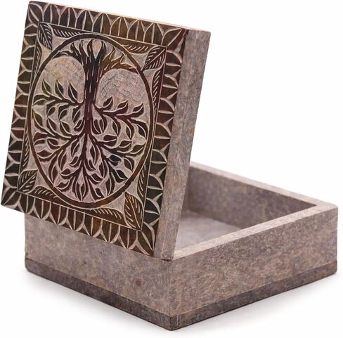 صندوق مجوهرات من الحجر الأملس والرخام المنحوت يدويًا على شكل مربع | منظم التخزين | حامل حلية زخرفية. (متعدد الألوان، الطول 4 بوصة × العرض 4 بوصة × الارتفاع 2 بوصة) in Kuwait