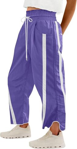 بنطال نسائي فضفاض وواسع الساق، كاجوال برباط، خصر مطاطي، ألوان متباينة، للتمرين Y2K in Kuwait