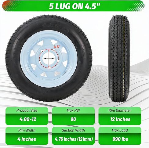 2 حزمة من إطارات المقطورة 480-12 4.80x12 4.80-12 4.8-12 مع إطارات مقاس 12 بوصة، و5 عروة على 4.5 بوصة، ونطاق التحميل C 6PR in Kuwait