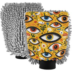 AIXIWAWA عيون نمط طباعة غسيل السيارات قفاز غسل القفازات خالية من الخدش ماصة للماء 2 حزمة كبيرة in Kuwait