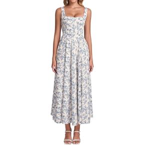 فستان ميدي مزين بالزهور، فستان صيفي غير رسمي برباط على شكل حرف A ورقبة مربعة لحفلات الزفاف للنساء 2026 in Kuwait