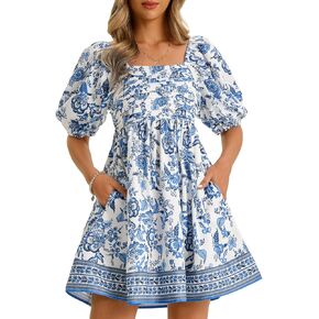 Wenrine Womens Summer Square Neck Mini Dresses Casual Floral Puff Short Sleeve Smocked High Waisted A-Line Babydoll Dress in Kuwait