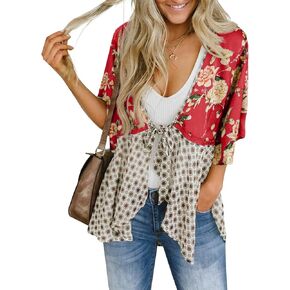 Saodimallsu المرأة التعادل الجبهة كيمونو بالأزرار الأزهار خفيفة الوزن كشكش 3/4 كم بوهو Flowy غطاء الشاطئ in Kuwait