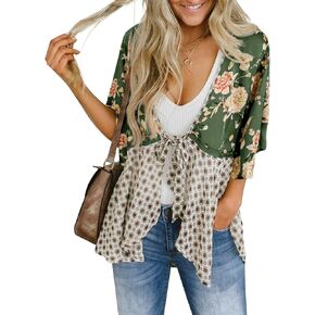 Saodimallsu Womens Tie Front Kimono Cardigans Floral Lightweight Ruffle 3/4 Sleeve Boho Flowy Beach Cover Ups in Saudi Arabia