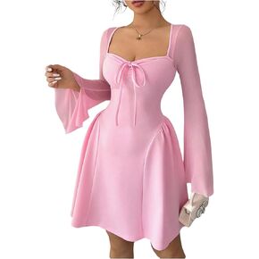 Floerns Women's Cute Bowknot Square Neck Mesh Dress Bell Sleeve A Line Birthday Party Short Dresses in Saudi Arabia