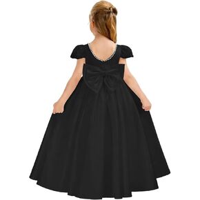 Satin Flower Girl Dress for Wedding Cap Sleeves Pearls Bow Knot V-Neck Puffy Long Crew Neck Princess Pageant Gowns in Kuwait