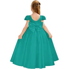 Satin Flower Girl Dress for Wedding Cap Sleeves Pearls Bow Knot V-Neck Puffy Long Crew Neck Princess Pageant Gowns in Saudi Arabia