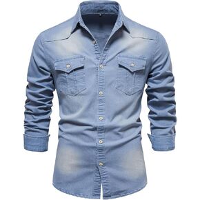 Eisctnd Men's Denim Button Down Shirt Classic Fit Long Sleeve Jean Work Shirts with 2 Pockets in Kuwait