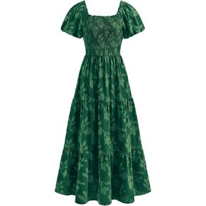 فساتين PRETTYGARDEN النسائية لصيف 2026 بوهو ماكسي مُزينة بالزهور وأكمام قصيرة ورقبة مربعة فستان طويل متدفق ملابس العطلات in Kuwait