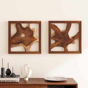 JOLLYMER 2 Pack Live Edge خشب الساج ديكور جداري، لوحة فنية جدارية خشبية ريفية، ديكور منزلي مصنوع يدويًا لغرفة المعيشة وغرفة النوم والمكتب، 17 بوصة × 17 بوصة إطار طبيعي in Kuwait