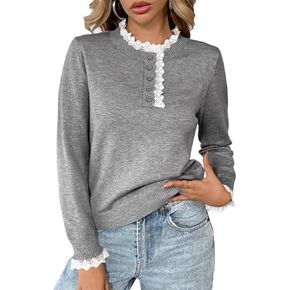 Women’s Lace Trim Knit Sweater Pullover – Lightweight Mock Neck Button Front Long Sleeve Fitted Top in Saudi Arabia