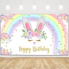 MEHOFOND 7x5ft Glitter Rainbow Bunny Girl Happy Birthday Party Decorations Backdrop Floral Gold Glitter Magical Rabbit Spring Easter Photography Background Photo Banner Poster for Cake Table Supplies in Kuwait