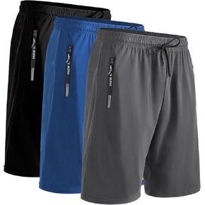 شورت رياضي للرجال مقاس 9 بوصات مع جيوب بسحاب، 3 قطع من شورتات الجري سريعة الجفاف برباط للتمرينات الرياضية للرجال in Kuwait