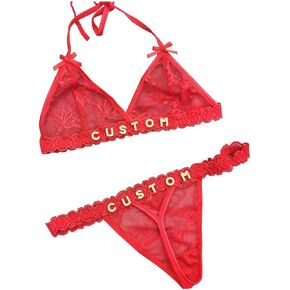 Custom Sexy Thongs Bras Set with Name Text for Women, Personalized Rhinestone Letters DIY See Through Lingerie Underwear, Birthday Valentines Day Gifts for Wife Girlfriend, One Size in Saudi Arabia