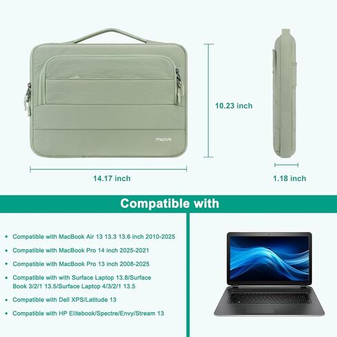 حقيبة كمبيوتر محمول MOSISO 360 واقية مقاس 13-14 بوصة، حافظة كمبيوتر محمول منتفخة مقاس 13.3 بوصة متوافقة مع MacBook Air 13 13.3 13.6/Pro 13/14، HP Dell ASUS Lenovo، حقيبة جانبية مفتوحة مع جيبين بسحاب ومقبض، أخضر داكن in Kuwait