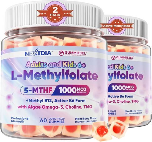 L-Methylfolate 1000 mcg + Methyl B12 Gummies for Kids & Adults - Active 5-MTHF, w/Omega-3 DHA & EPA(3:1), Choline & TMG, B6, Supports MTHFR Gene, Brain, Energy & Methylation, Sugar free, 60 Cts in Saudi Arabia