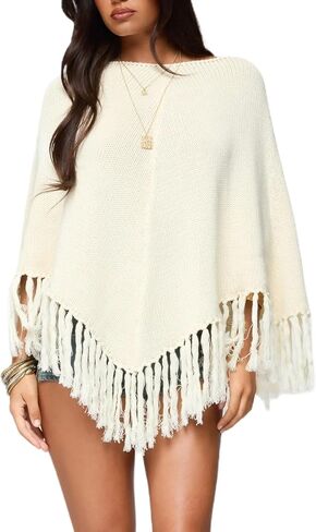 Argeousgor Women Y2k Fringe Ponchos Crochet Knitted Poncho Sweater Elegant Holiday Asymmetrical Knit Cape Tops Going Out in Saudi Arabia