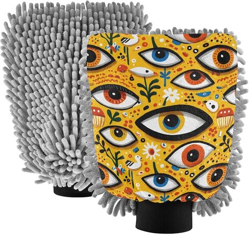 AIXIWAWA عيون نمط طباعة غسيل السيارات قفاز غسل القفازات خالية من الخدش ماصة للماء 2 حزمة كبيرة in Kuwait