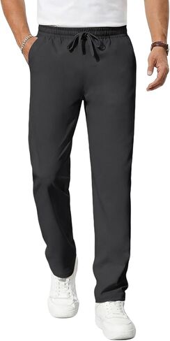 Mens Casual Pants Elastic Waist Drawstring Chinos Pants Tapered Twill Trousers with Pockets in Kuwait
