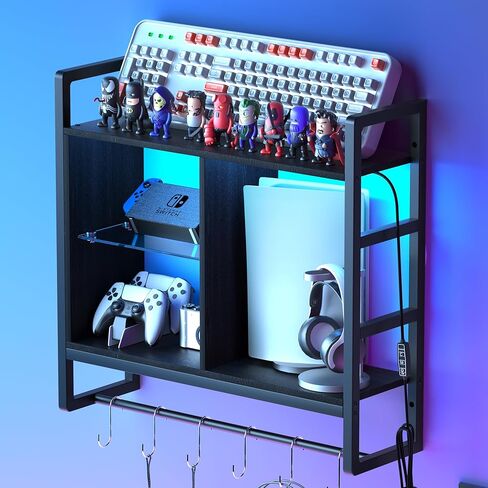 رف مثبت على الحائط مقاس 34 بوصة - أرفف عائمة للألعاب رف عرض من 3 طبقات مع رف زجاجي قابل للتعديل و6 أرفف خشبية مثبتة على الحائط على شكل حرف S للحمام وغرفة المعيشة ديكو، لون الجوز in Kuwait