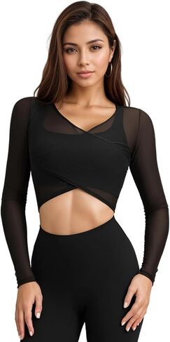 قميص نسائي قصير بأكمام طويلة ورقبة على شكل V - زي شبكي لليوجا والبيلاتيس in Kuwait