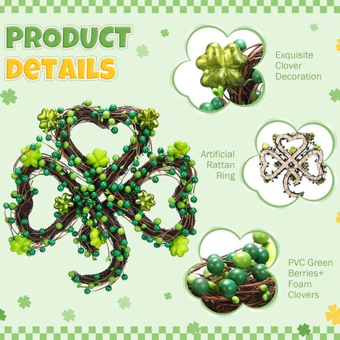 Norme 12.6" St. Patrick's Day Wreath, Front Porch Party Yard Decoration, Irish Shamrock Wreath, Green Berries & Foam Clover, Rattan Ring, St. Patricks Day Holiday Decoration Indoor Outdoor in Saudi Arabia