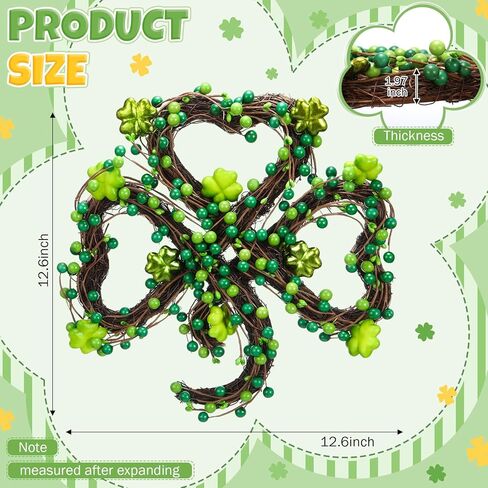 Norme 12.6" St. Patrick's Day Wreath, Front Porch Party Yard Decoration, Irish Shamrock Wreath, Green Berries & Foam Clover, Rattan Ring, St. Patricks Day Holiday Decoration Indoor Outdoor in Saudi Arabia