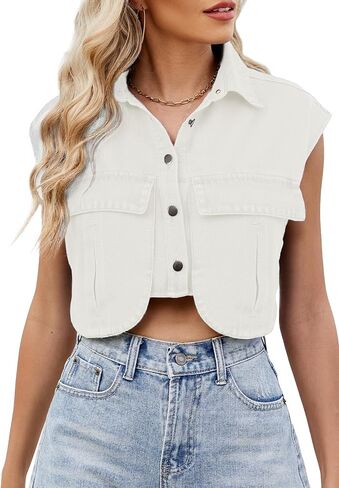 FEOYA Women's Denim Vest Fashion Sleeveless Vests Casual Cropped Waistcoat with Large Pockets S-L in Saudi Arabia