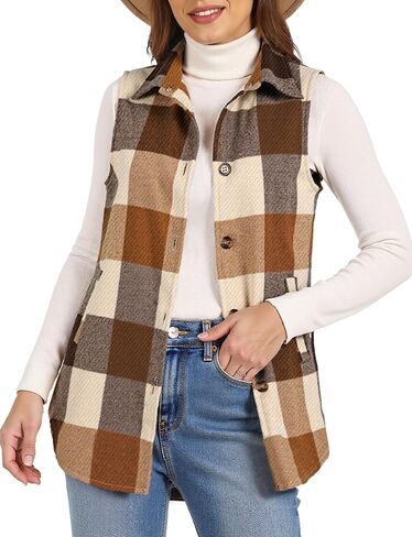 Buauty Women's Flannel Plaid Vest Button Down Lapel Neck Brushed Sleeveless Shacket Shirt Jacket Waistcoat with Pockets in Saudi Arabia