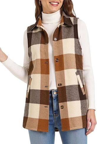 Buauty Women's Flannel Plaid Vest Button Down Lapel Neck Brushed Sleeveless Shacket Shirt Jacket Waistcoat with Pockets in Saudi Arabia